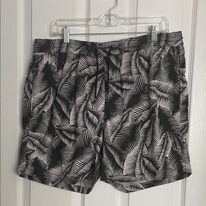 All Saints - Black and White Leaf pattern swim trunks.